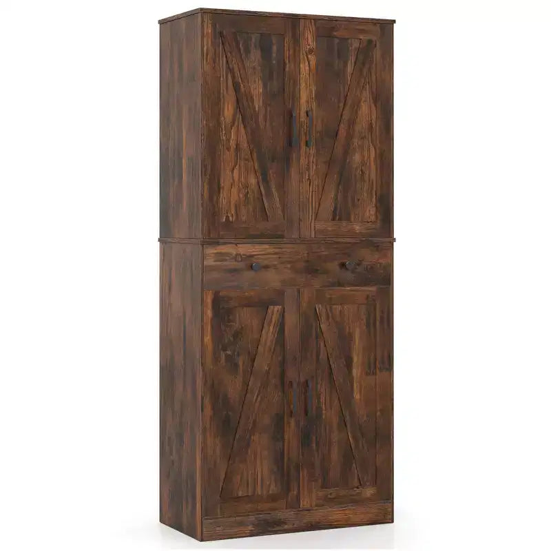 Armoire de cuisine haute de 72 po, style ferme moderne, avec 4 portes coulissantes, brun/blanc/noir