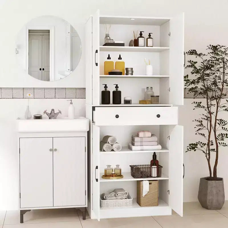 Armoire de cuisine haute de 72 po, style ferme moderne, avec 4 portes coulissantes, brun/blanc/noir
