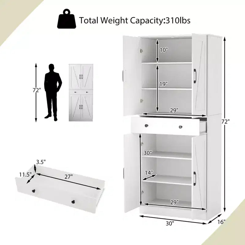 Armoire de cuisine haute de 72 po, style ferme moderne, avec 4 portes coulissantes, brun/blanc/noir