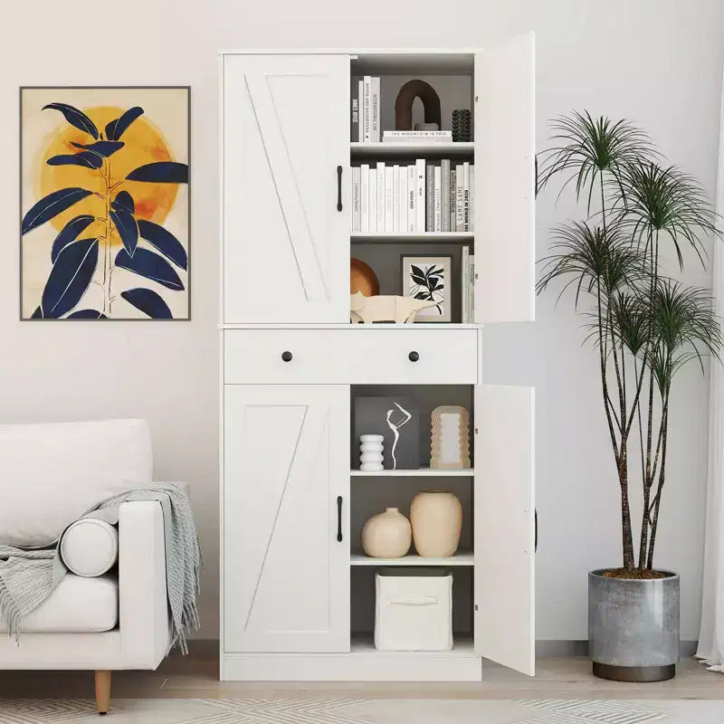 Armoire de cuisine haute de 72 po, style ferme moderne, avec 4 portes coulissantes, brun/blanc/noir