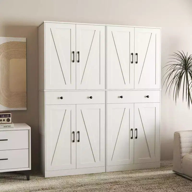 Armoire de cuisine haute de 72 po, style ferme moderne, avec 4 portes coulissantes, brun/blanc/noir
