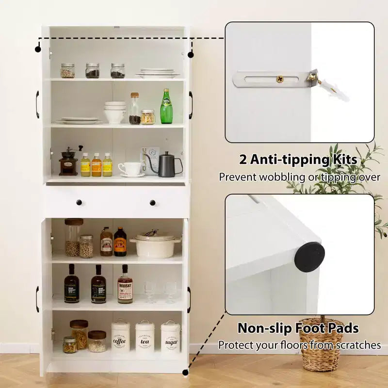 Armoire de cuisine haute de 72 po, style ferme moderne, avec 4 portes coulissantes, brun/blanc/noir