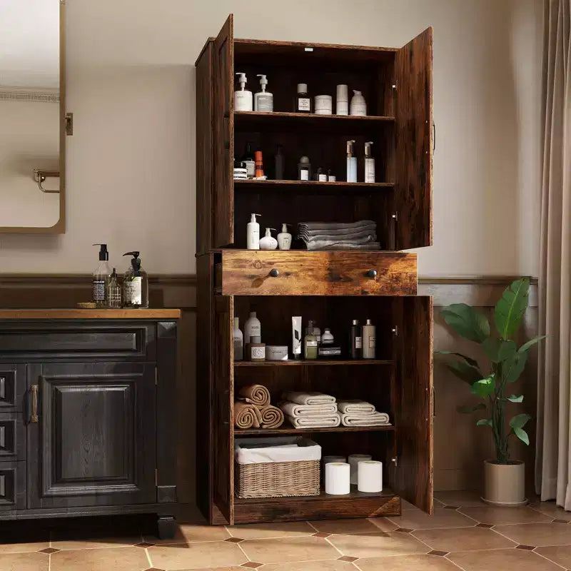 Armoire de cuisine haute de 72 po, style ferme moderne, avec 4 portes coulissantes, brun/blanc/noir