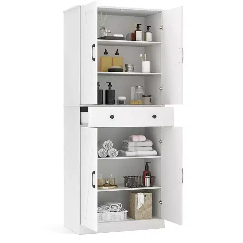 Armoire de cuisine haute de 72 po, style ferme moderne, avec 4 portes coulissantes, brun/blanc/noir