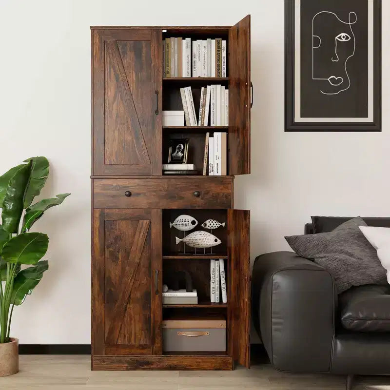 Armoire de cuisine haute de 72 po, style ferme moderne, avec 4 portes coulissantes, brun/blanc/noir
