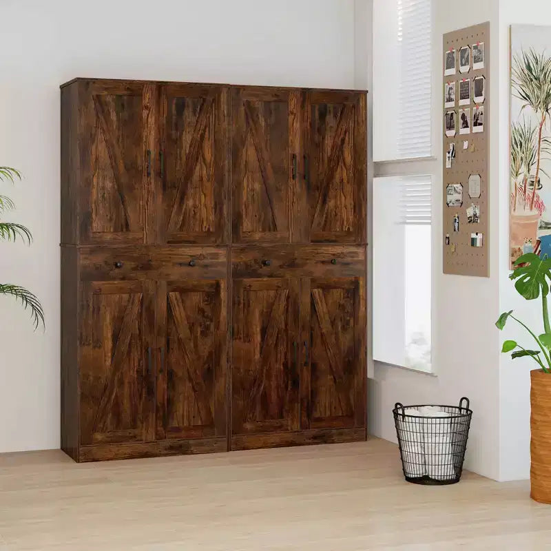 Armoire de cuisine haute de 72 po, style ferme moderne, avec 4 portes coulissantes, brun/blanc/noir