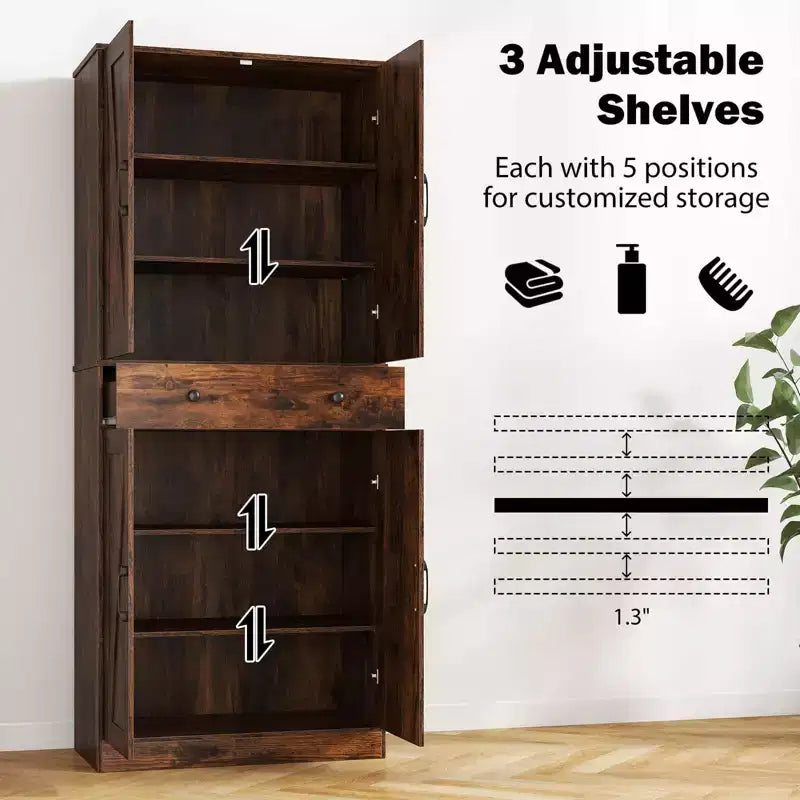 Armoire de cuisine haute de 72 po, style ferme moderne, avec 4 portes coulissantes, brun/blanc/noir