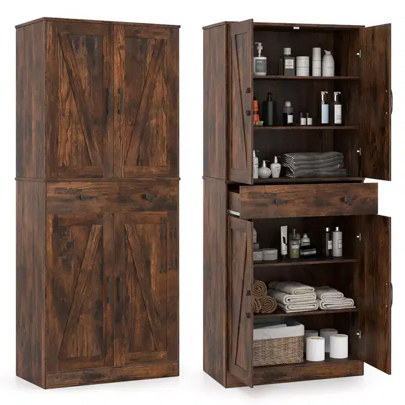 Costway 72 Tall Kitchen Pantry Modern Farmhouse Cupboard Cabinet with 4 Barn Doors Brown/White/Black