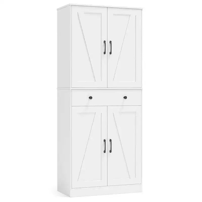 Armoire de cuisine haute de 72 po, style ferme moderne, avec 4 portes coulissantes, brun/blanc/noir