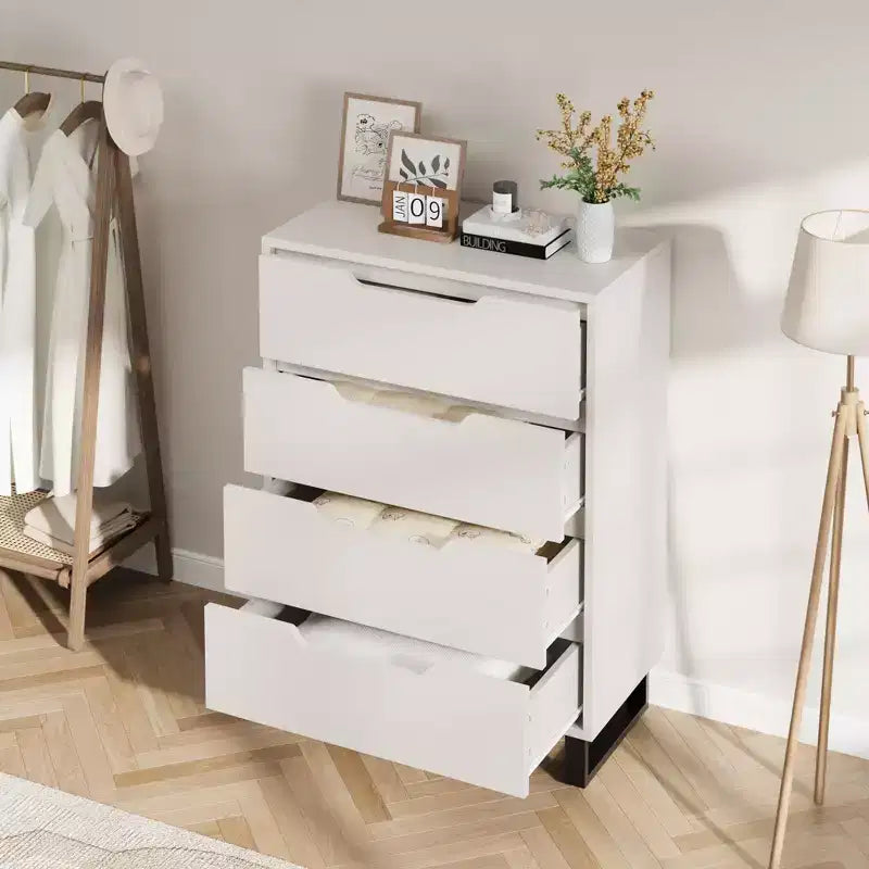 Commode 4 tiroirs pour chambre, commode verticale de 105 cm, armoire verticale autoportante avec rangement, commode de rangement en bois