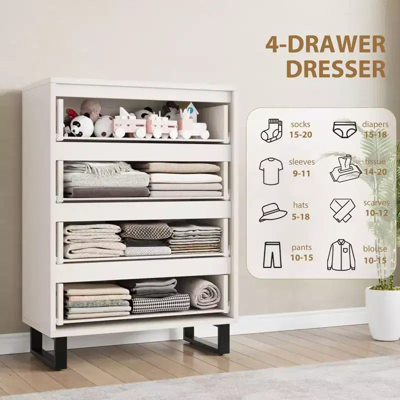 Commode 4 tiroirs pour chambre, commode verticale de 105 cm, armoire verticale autoportante avec rangement, commode de rangement en bois