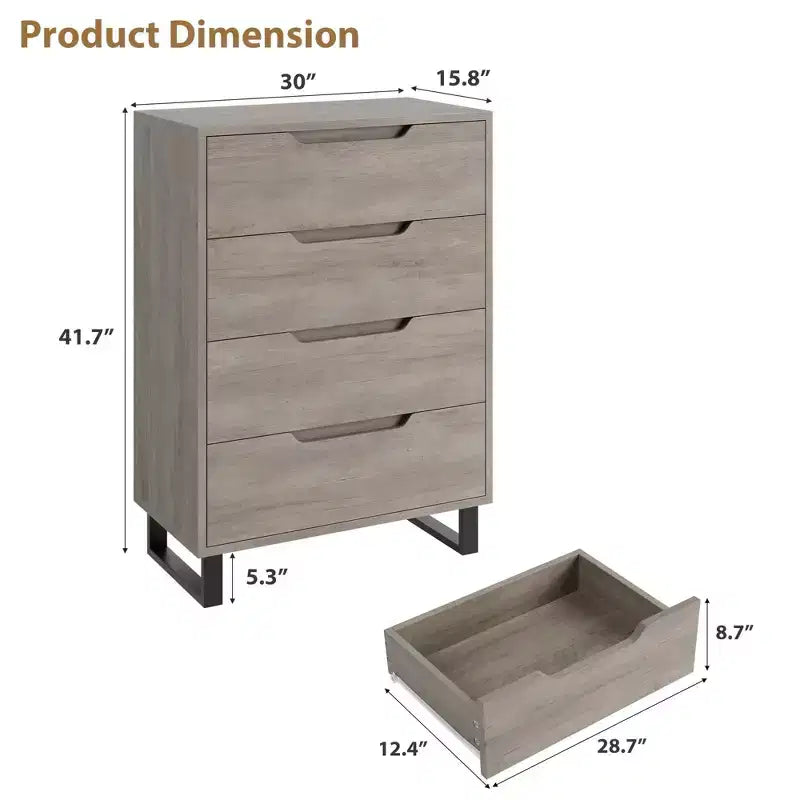Commode 4 tiroirs pour chambre, commode verticale de 105 cm, armoire verticale autoportante avec rangement, commode de rangement en bois