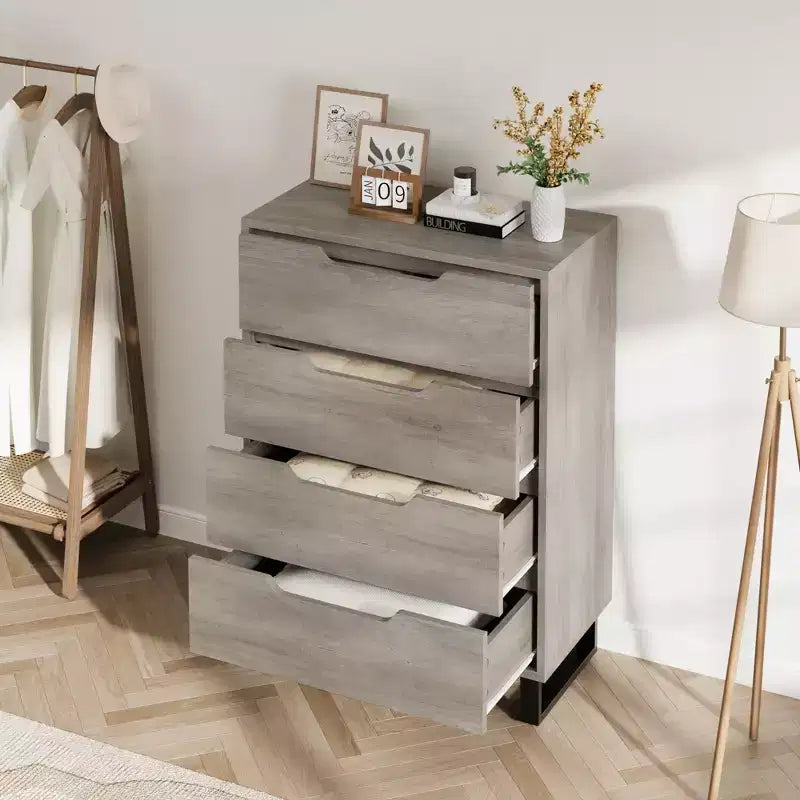 Commode 4 tiroirs pour chambre, commode verticale de 105 cm, armoire verticale autoportante avec rangement, commode de rangement en bois