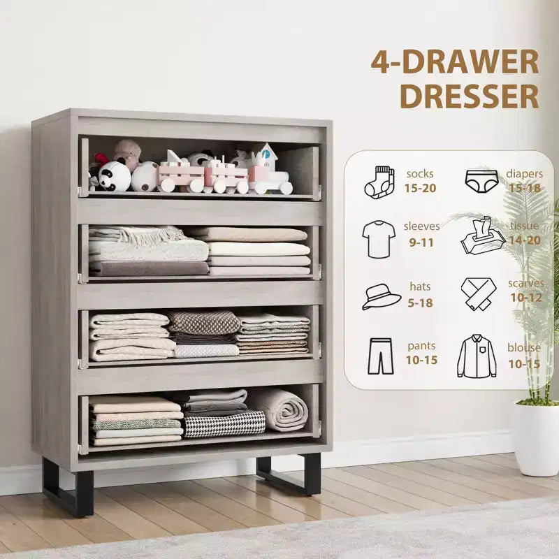 Commode 4 tiroirs pour chambre, commode verticale de 105 cm, armoire verticale autoportante avec rangement, commode de rangement en bois