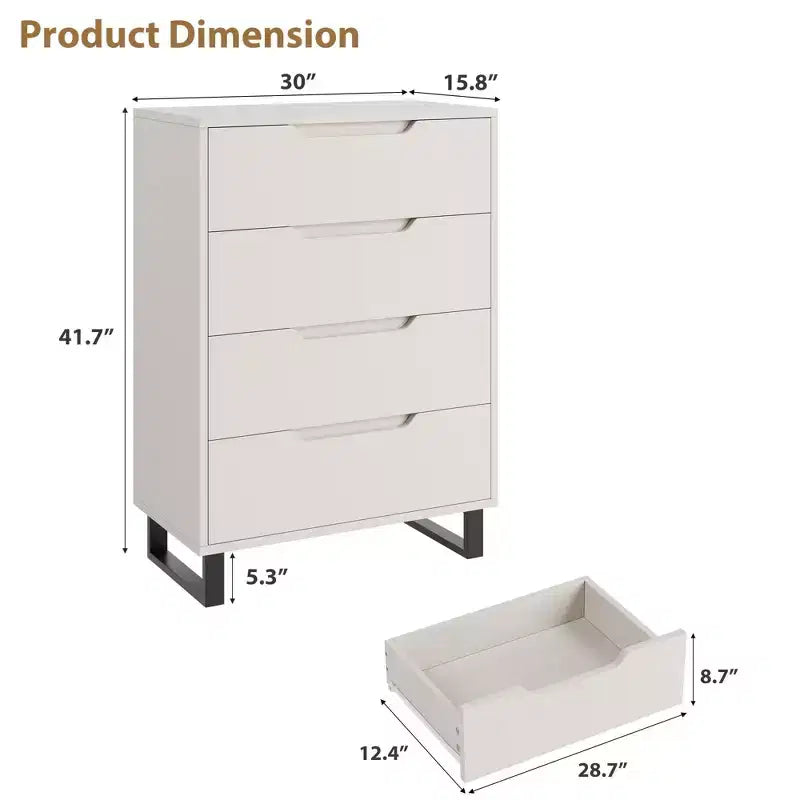 Commode 4 tiroirs pour chambre, commode verticale de 105 cm, armoire verticale autoportante avec rangement, commode de rangement en bois