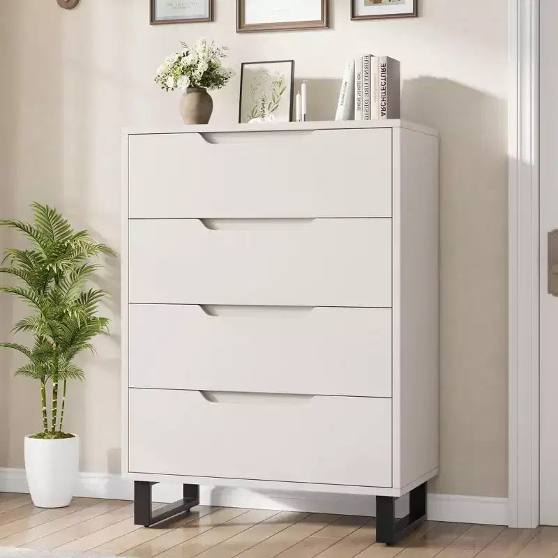 Commode 4 tiroirs pour chambre, commode verticale de 105 cm, armoire verticale autoportante avec rangement, commode de rangement en bois