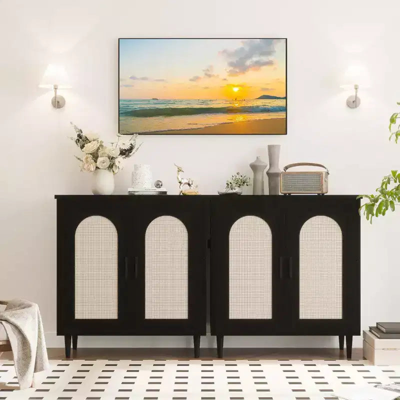 Buffet de cuisine avec rangement en rotin, pieds en bois massif pour salon, couloir, entrée