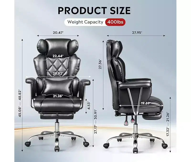 Chaise de bureau ergonomique en cuir avec repose-pieds, grande chaise de bureau inclinable avec soutien lombaire, vérin à gaz robuste SGS de classe 4