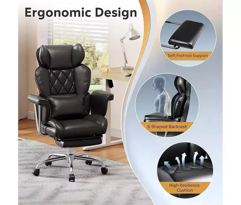 Chaise de bureau ergonomique en cuir avec repose-pieds, grande chaise de bureau inclinable avec soutien lombaire, vérin à gaz robuste SGS de classe 4