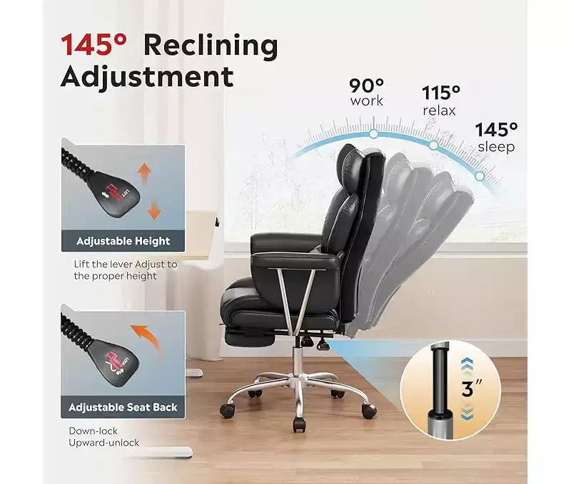 Chaise de bureau ergonomique en cuir avec repose-pieds, grande chaise de bureau inclinable avec soutien lombaire, vérin à gaz robuste SGS de classe 4