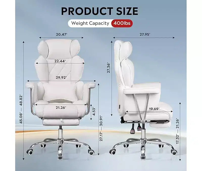 Chaise de bureau ergonomique en cuir avec repose-pieds, grande chaise de bureau inclinable avec soutien lombaire, vérin à gaz robuste SGS de classe 4