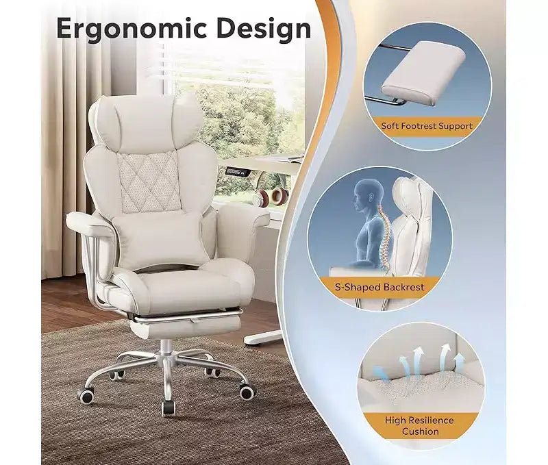 Chaise de bureau ergonomique en cuir avec repose-pieds, grande chaise de bureau inclinable avec soutien lombaire, vérin à gaz robuste SGS de classe 4