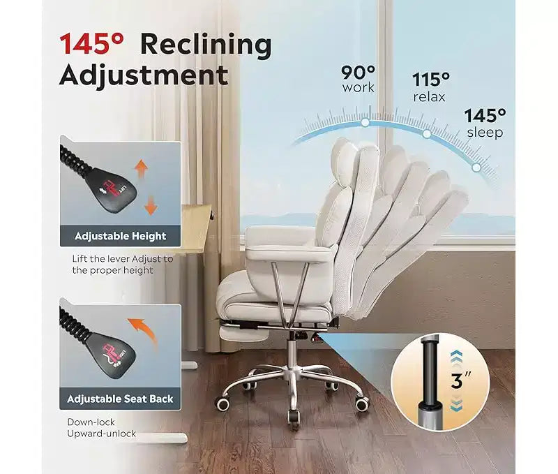 Chaise de bureau ergonomique en cuir avec repose-pieds, grande chaise de bureau inclinable avec soutien lombaire, vérin à gaz robuste SGS de classe 4