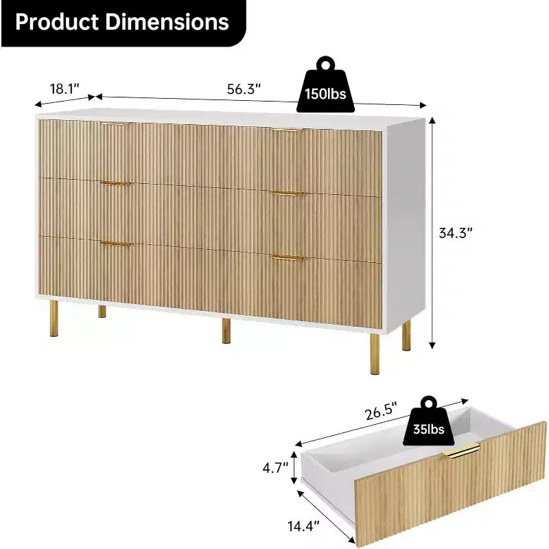Commode 6 tiroirs pour chambre à coucher, avec poignées métalliques