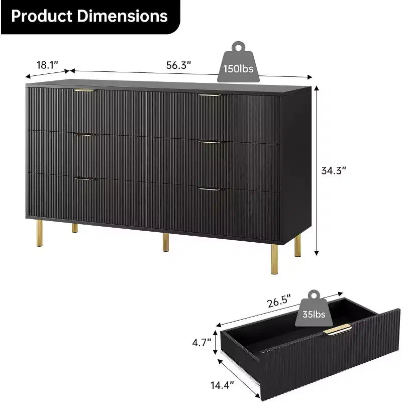 Commode 6 tiroirs pour chambre à coucher, avec poignées métalliques