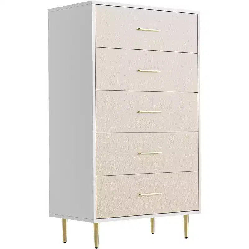 White 5 Drawer Dresser, Tall Narrow Chest of Drawers, Wooden Skinny Dresser with Gold Metal Handles and Legs, Modern Storage Drawer Cabinet