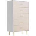 White 5 Drawer Dresser, Tall Narrow Chest of Drawers, Wooden Skinny Dresser with Gold Metal Handles and Legs, Modern Storage Drawer Cabinet