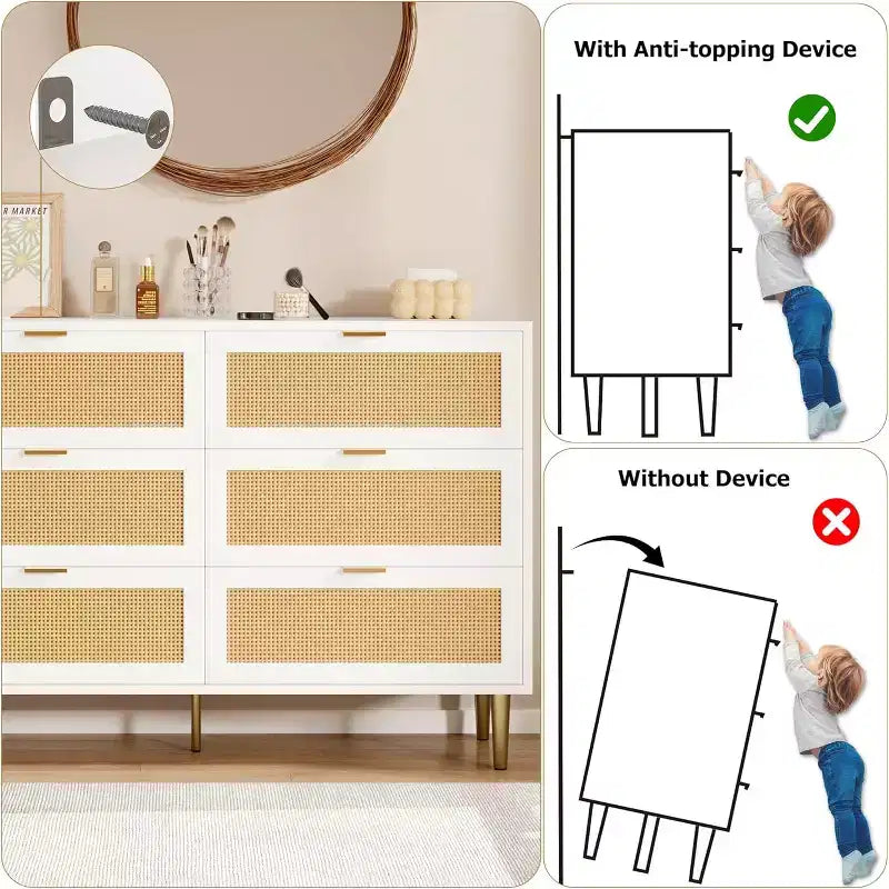 Commode à six tiroirs en rotin naturel pour chambre à coucher avec pieds et poignées dorés