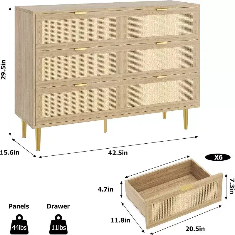 Commode à six tiroirs en rotin naturel pour chambre à coucher avec pieds et poignées dorés