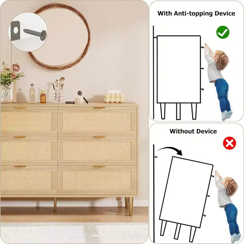 Commode à six tiroirs en rotin naturel pour chambre à coucher avec pieds et poignées dorés