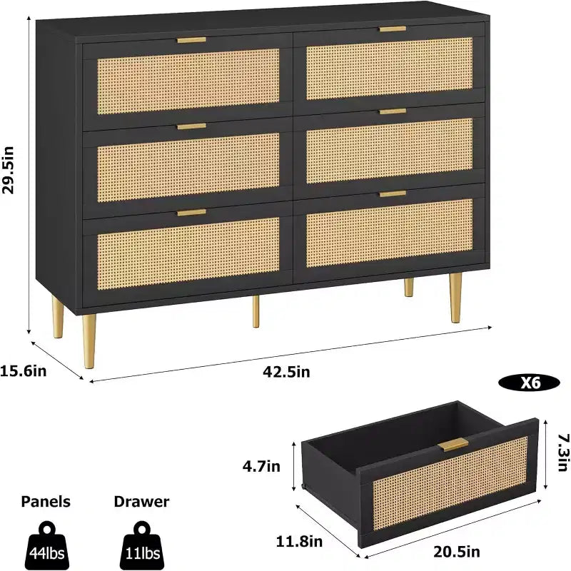 Commode à six tiroirs en rotin naturel pour chambre à coucher avec pieds et poignées dorés