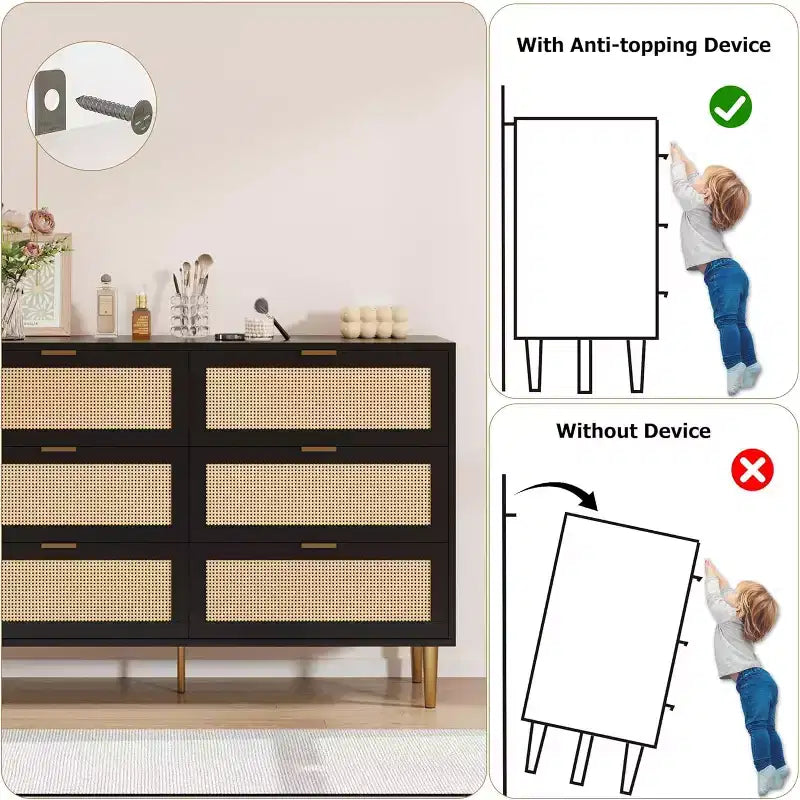 Commode à six tiroirs en rotin naturel pour chambre à coucher avec pieds et poignées dorés