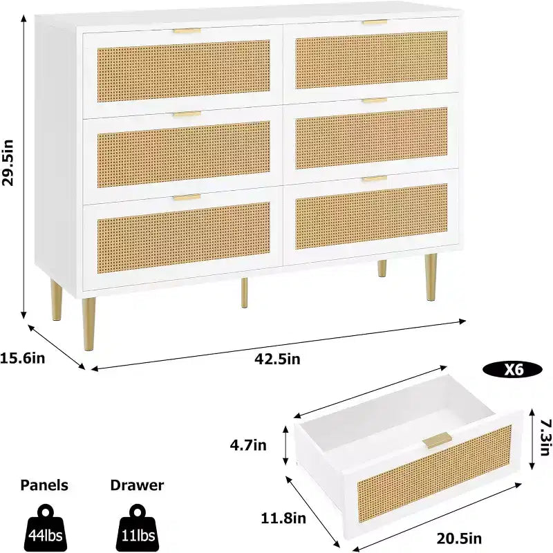 Commode à six tiroirs en rotin naturel pour chambre à coucher avec pieds et poignées dorés