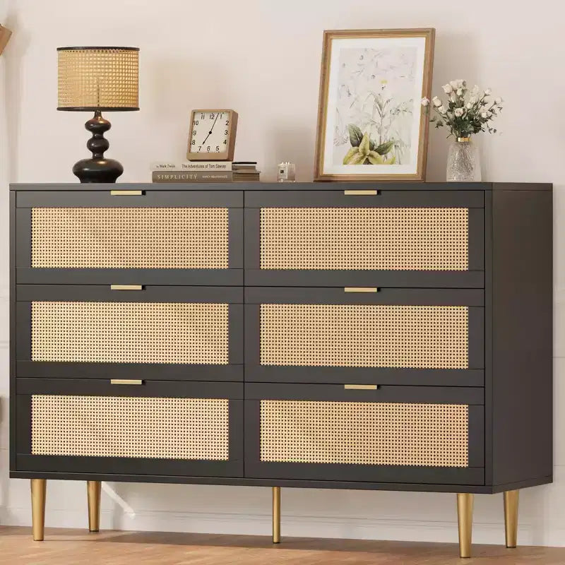GustoWave Natural rattan bedroom six drawer dresser with gold legs and gold handles