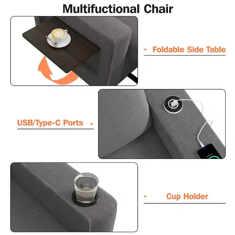 Fauteuil-lit 3-en-1, fauteuil de couchage convertible de 108 cm de large avec lit gigogne et tablette, porte-gobelet, dossier réglable, poches latérales