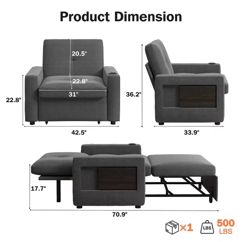Fauteuil-lit 3-en-1, fauteuil de couchage convertible de 108 cm de large avec lit gigogne et tablette, porte-gobelet, dossier réglable, poches latérales