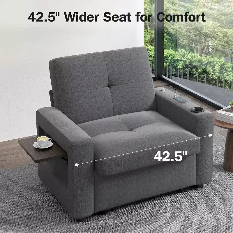 Fauteuil-lit 3-en-1, fauteuil de couchage convertible de 108 cm de large avec lit gigogne et tablette, porte-gobelet, dossier réglable, poches latérales