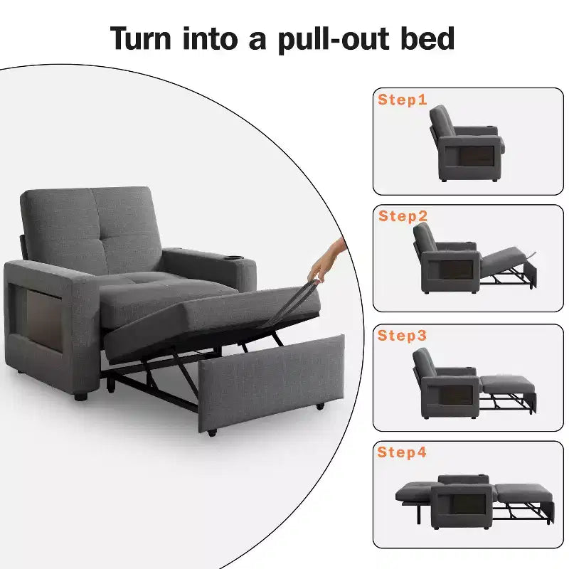 Fauteuil-lit 3-en-1, fauteuil de couchage convertible de 108 cm de large avec lit gigogne et tablette, porte-gobelet, dossier réglable, poches latérales