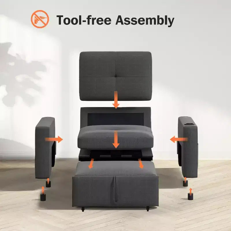 Fauteuil-lit 3-en-1, fauteuil de couchage convertible de 108 cm de large avec lit gigogne et tablette, porte-gobelet, dossier réglable, poches latérales