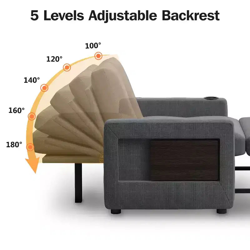 Fauteuil-lit 3-en-1, fauteuil de couchage convertible de 108 cm de large avec lit gigogne et tablette, porte-gobelet, dossier réglable, poches latérales