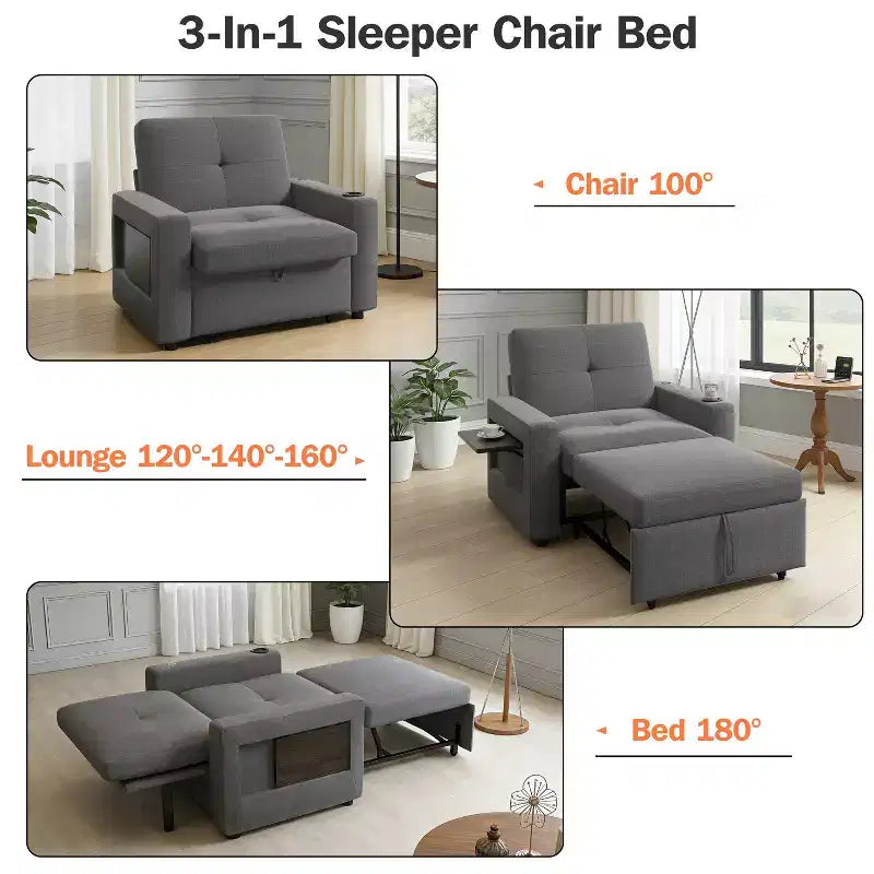 Fauteuil-lit 3-en-1, fauteuil de couchage convertible de 108 cm de large avec lit gigogne et tablette, porte-gobelet, dossier réglable, poches latérales