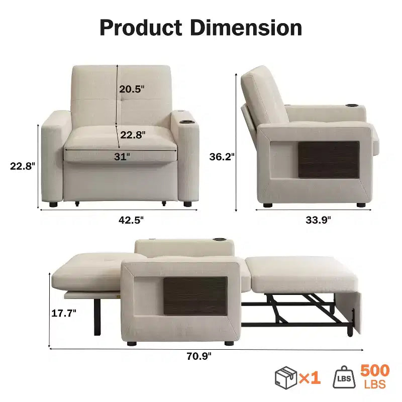 Fauteuil-lit 3-en-1, fauteuil de couchage convertible de 108 cm de large avec lit gigogne et tablette, porte-gobelet, dossier réglable, poches latérales