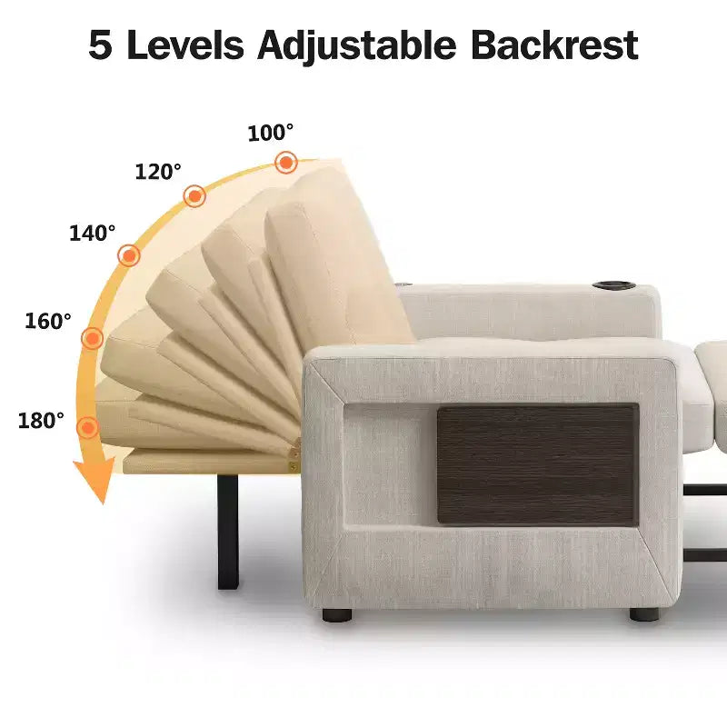 Fauteuil-lit 3-en-1, fauteuil de couchage convertible de 108 cm de large avec lit gigogne et tablette, porte-gobelet, dossier réglable, poches latérales