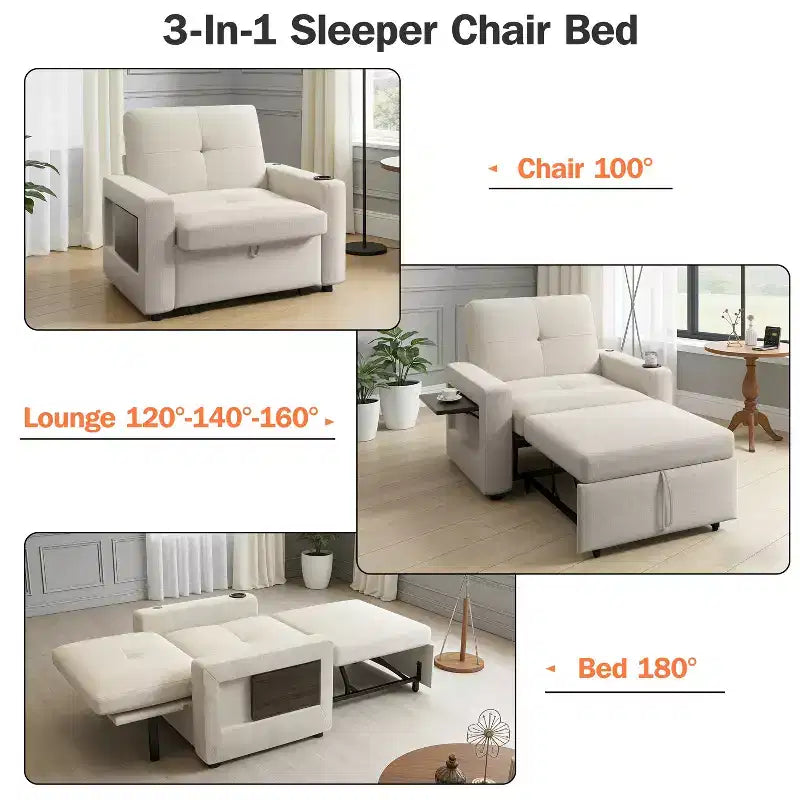 Fauteuil-lit 3-en-1, fauteuil de couchage convertible de 108 cm de large avec lit gigogne et tablette, porte-gobelet, dossier réglable, poches latérales