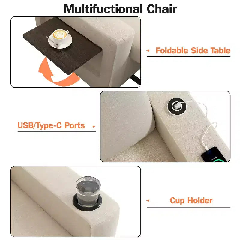 Fauteuil-lit 3-en-1, fauteuil de couchage convertible de 108 cm de large avec lit gigogne et tablette, porte-gobelet, dossier réglable, poches latérales