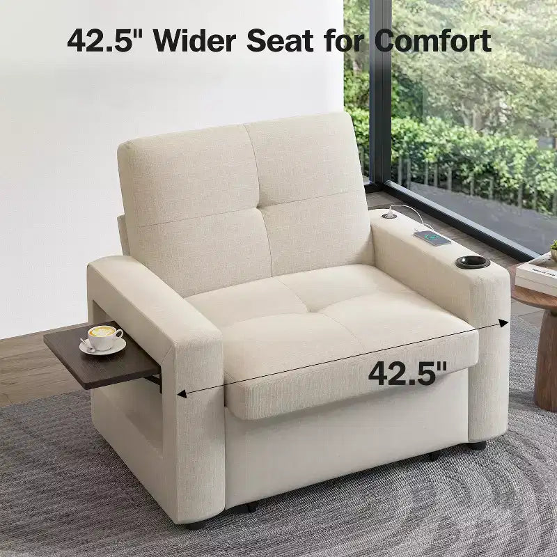 Fauteuil-lit 3-en-1, fauteuil de couchage convertible de 108 cm de large avec lit gigogne et tablette, porte-gobelet, dossier réglable, poches latérales
